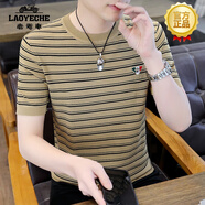 老爺車（LAOYECHE）高端品牌T恤男士夏冰絲t恤短袖條紋針織衫潮流修身冰麻體恤半袖 23003-卡其色 XL 125-140斤