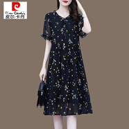 皮爾卡丹（pierre cardin）2025夏季女裝新款中年裙子女士寬松大尺碼碎花雪紡連衣裙 黑色 3XL 約145-160斤