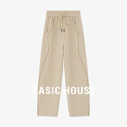 Basic House/百家好休閑百搭條紋撞色設(shè)計(jì)感秋季寬松抽繩直筒褲女 駝色 S 85-100斤