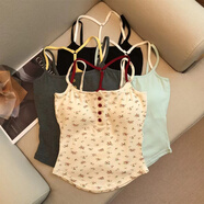 云大師純欲性感撞色碎花吊帶小背心女夏季帶胸墊辣妹bm打底內搭上衣外穿 撞色碎花吊帶【杏色拼紅色】 均碼【80-125斤】