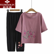 俞兆林（YUZHAOLIN）母親節(jié)中老年女裝中老年胖媽媽時尚套裝夏季民族風(fēng)棉麻短袖上衣休 紫色套裝 XL _[100-120斤左右]