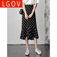 LGOV女裝旗艦店黑色波點(diǎn)半身裙女夏季雪紡長(zhǎng)裙高腰包臀裙中長(zhǎng)款裙子小碎花魚(yú)尾裙 黑色 (現(xiàn)貨 24小時(shí)發(fā)貨) S (建議90-100斤)