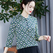 素絲五祁（SUSIWUQI）印花七分袖真絲上衣 復(fù)古桑蠶絲新款真絲女裝 福綠花 2XL