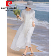皮爾卡丹（pierre cardin）雙層棉麻白色連衣裙女夏法式感寬松海邊度假飄逸大擺沙灘長裙 白色雙層 (少量現(xiàn)貨) L【建議105-125斤】