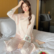 WANKOU長(zhǎng)袖睡衣女2025春夏新國(guó)風(fēng)中式睡衣冰絲綢春秋感刺繡家居服套裝女 國(guó)風(fēng)(淡粉) L 建議（100-115斤）