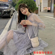 嫻槐裙子女學(xué)生韓版寬松春夏小個子網(wǎng)紗系帶連衣裙亮片超仙甜美仙女裙 藍灰-約會戰(zhàn)袍溫柔風(fēng)連衣裙 S -約會戰(zhàn)袍溫柔風(fēng)連衣裙