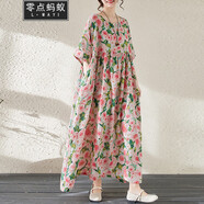 零點(diǎn)螞蟻大碼女裝200斤胖mm遮肚子顯瘦棉麻連衣裙休閑長(cháng)裙旅游度假沙灘裙 粉色花朵裙 均碼【130-200斤】