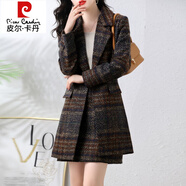 皮爾卡丹（pierre cardin）毛呢西裝兩件套女連衣裙2025秋冬季新款套裝裙韓版修身感外套 咖啡 2XL