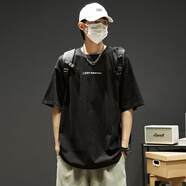 LeoHan短袖t恤男日系簡約純棉體恤寬松潮流百搭美式休閑上衣服夏季 黑色 3XL （建議190-210斤）