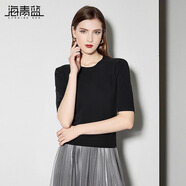 海青藍2024秋季新款五分袖針織衫女百搭顯瘦基礎款圓領(lǐng)上衣T恤打底衫 黑色 均碼