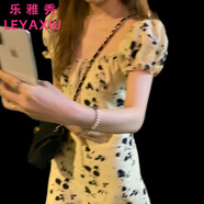 樂雅秀2025夏季港風(fēng)方領(lǐng)綁帶泡泡袖碎花裙女夏季暈染洋氣時尚顯瘦長裙子 杏色黑花 M 建議【95斤-105斤】
