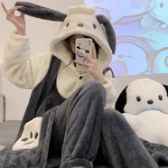 夢(mèng)舒紛睡袍女冬睡衣春秋季可愛(ài)學(xué)生中長(cháng)款加絨加厚宿舍家居服珊瑚絨卡通 灰色帕恰狗+褲子 XL