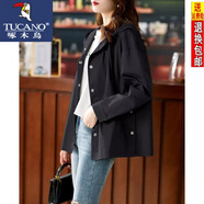 啄木鳥(niǎo)輕奢高端女裝短外套女小個(gè)子23春季新款連帽短款百搭休閑女士風(fēng)衣 黑色 L 建議105-120斤