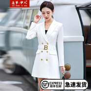 造夢(mèng)伊人職業(yè)西裝連衣裙女長(cháng)袖女神范春秋新品氣質(zhì)收腰腰帶職業(yè)通勤高檔裙 白色 XXXL