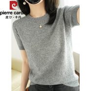 皮爾卡丹（pierre cardin）春秋圓領(lǐng)短袖羊|毛衫女寬松短款打底衫針織衫薄款中袖羊|絨毛衣女 灰色 L