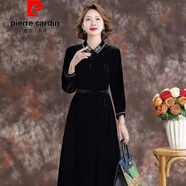 皮爾卡丹（pierre cardin）官方高端復古絲絨真絲連衣裙女2026秋冬新款高端繡花桑蠶絲真絲金 品牌旗艦黑色-01 L