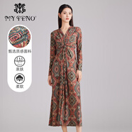 MY TENO秋冬新款紅色印花V領(lǐng)高腰連衣裙復古釘珠松弛感長(cháng)裙 紅色 L