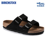 BIRKENSTOCK勃肯德國進口男女款牛皮絨面革軟底Arizona雙扣拖鞋 黑色窄版0951323 38