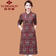 俞兆林（YUZHAOLIN）媽媽秋裝長袖連衣裙時尚氣質(zhì)中老年女裝改良版旗袍裙子春秋款顯瘦 金花色 3XL (參考120-135斤)