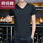 俞兆林莫代爾V領(lǐng)短袖t恤男加肥加大休閑百搭舒適打底衫中老年人老頭汗衫 短V領(lǐng)黑 2XL