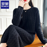 羅蒙（ROMON）秋冬裝長(cháng)款過(guò)膝羊絨衫純色內搭女圓領(lǐng)毛衣裙百搭針織連衣裙子長(cháng)袖 黑色 M