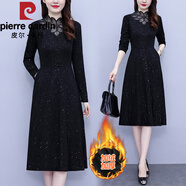 皮爾卡丹（pierre cardin）加絨加厚配大衣打底連衣裙女秋冬季新款媽媽時(shí)尚氣質(zhì)顯瘦長(cháng)袖裙子 黑色加絨 2XL 【建議120-135斤】