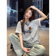風采兔 100%純棉趣味可愛小狗繡花T恤女夏季設計感小眾寬松短袖休閑上衣 灰色 M