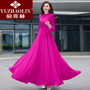 俞兆林（YUZHAOLIN）新款女長袖系帶領(lǐng)純色雪紡連衣裙修身顯瘦沙灘度假長款大擺裙 玫紅色 M _建議90-103斤