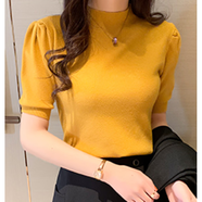 皮爾卡丹（pierre cardin）2025年春夏新款小高領(lǐng)泡泡短袖針織衫女歐貨修身顯瘦洋氣打底上衣 黃色 S