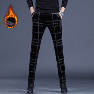 hteec香港潮牌加絨男士休閑褲秋冬季潮流時(shí)尚百搭條紋小腳褲金絲絨修身 黑色 加絨 31