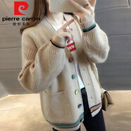 皮爾卡丹（pierre cardin）羊毛開(kāi)衫毛衣外套女燈籠袖加厚女冬韓版寬松口袋針織衫毛線衣春秋 彩扣卡其 XL