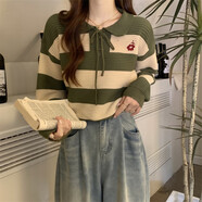 娂奾刺繡復(fù)古條紋針織衫設(shè)計感慵懶風(fēng)短款毛衣女學(xué)生版秋冬POLO領(lǐng)上衣 淺駝色 均碼