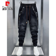 皮爾卡丹（pierre cardin）冬季厚款加絨拼接牛仔褲男士松緊腰彈力小腳拉鏈皮褲韓版束腳長(cháng)褲 黑色加 絨 31