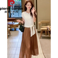 皮爾卡丹品牌冰絲短袖T恤流光紗半身裙套裝女2025夏氣質(zhì)顯瘦兩件I套連衣裙 白色上衣+咖色半裙 M