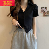 寶格妍短袖正肩t恤女夏法式小眾V領(lǐng)polo衫洋氣獨特別致高腰修身短款上衣 黑色 2XL （建議135-150斤）