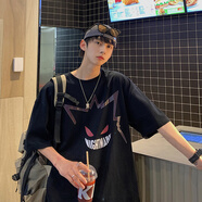 大魚界線（dayujiexian）短袖T恤男2024新款ins潮牌寬松半袖潮流bf百搭港風(fēng)卡通印花五分袖 黑色 M
