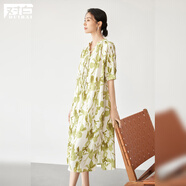 對白浪漫暈染水墨碎花連衣裙女2025新款夏季飄帶設(shè)計感時尚長裙子 苔蘚綠花 L