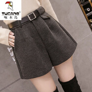 啄木鳥(niǎo)毛呢闊腿短褲女2025秋冬新款高腰加厚短褲女外穿修身褲女顯瘦 深灰色 (沒(méi)有腰帶) S 建議80-92斤