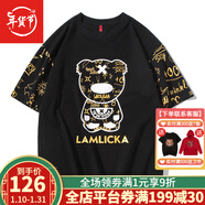 街頭熊貓短袖t恤男女潮牌夏季新品熊貓燙金印花國潮oversize寬松大碼純棉半袖休閑潮流情侶裝T恤衫 LX2027黑色(寬松版） XL碼(建議150-165斤)