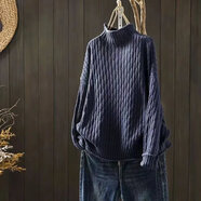 東方鴨100%純棉復古文藝冬季半高領(lǐng)毛衣女新款寬松針織衫長(cháng)袖套頭打底衫 寶藍色 XL 120-130斤