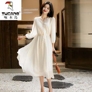 啄木鳥連衣裙2025夏天新款女裝氣質(zhì)女神范冰絲雪紡夏季感刺繡寬松顯瘦遮 白色 S 建議80-95斤左右