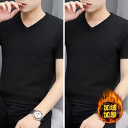 嘉曄（JIAYE）秋冬季加絨加厚保暖短袖T恤男雞心V領(lǐng)修身打底衫內衣半袖內搭上衣 黑色 5XL 185-200斤