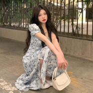 FSHE名媛風連衣裙夏季收腰喇叭袖時尚大擺遮腿短袖碎花長裙 M8935圖片色 L 建議體重：98-117