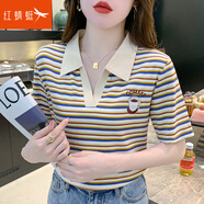 紅蜻蜓純棉彩虹條紋短袖t恤女2025夏季新款修身POLO領純棉半袖體恤上衣 3364#DDMAKE#短袖 M 【91-102斤】
