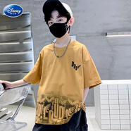 迪士尼（Disney）兒童裝男童短袖T恤夏裝2025年新款中大童夏季男孩夏款純棉上衣潮 字母印花黃色 160cm(160cm)