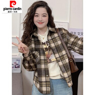 皮爾卡丹磨毛短款格子襯衫外套女春秋款2025新款寬松疊穿長袖上衣 綠格子 S【建議80-98斤】