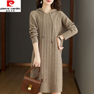 皮爾卡丹（pierre cardin）針織連衣裙連帽衛(wèi)衣女秋冬裝中長款毛衣裙韓版寬松時(shí)尚麻花打 駝色 S 建議80-90斤