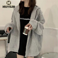 沐依琳歐美重磅美式復古純色拉鏈開(kāi)衫衛衣女寬松潮牌校園風(fēng)百搭外套 日系百搭風(fēng)-灰色 薄款 L 【105-120斤】保證