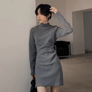 榮西圖（RONGXITU）法式高領(lǐng)收腰內搭打底裙修身顯瘦包臀短裙褶皺2024連衣裙女秋冬季 灰色 M 96-110斤