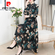 皮爾卡丹春秋裝碎花長袖連衣裙女2025新款顯瘦時(shí)尚氣質(zhì)荷葉領(lǐng)雪紡印花女裙 孔雀綠 2XL